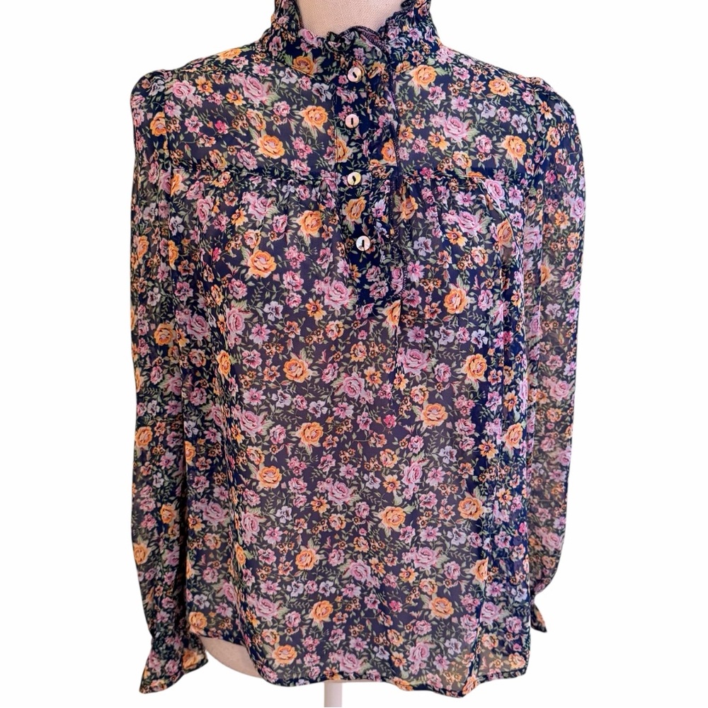 Listicle  Navy Blue with Ditsy Floral Long Sleeve Blouse M - Picture 2 of 11